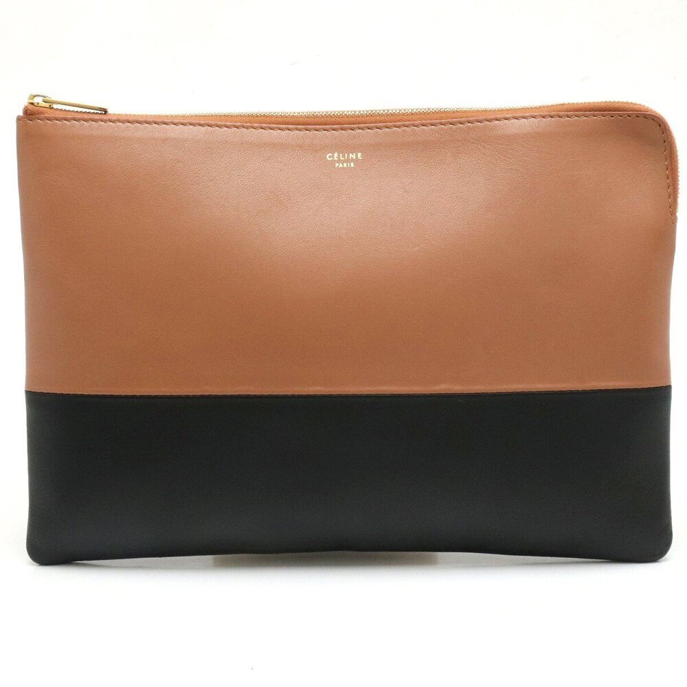 Celine Clutch Bag Shoulder Pouch Clutch Gusset Leather Bicolor Brown Black